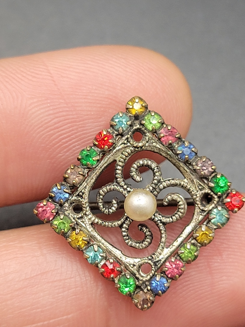 Vintage Multicolor Rhinestone Brooch with Faux Pearl Center c1930